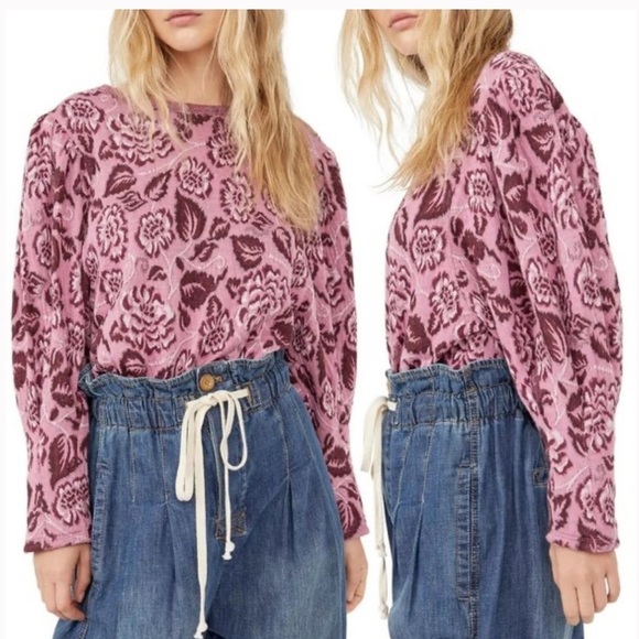 Free People No Ordinary Floral Jacquard Knit Puff Sleeves Top Pink Open Back - Picture 13 of 16